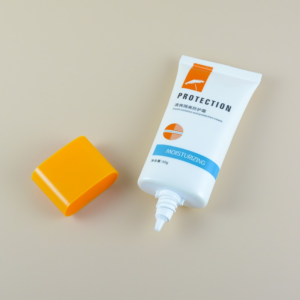 cosmetic nozzle tube with nozzle and screw cap, labeled "PROTECTION" and "MOISTURIZING" "50g"