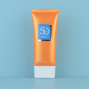 A flat orange sunscreen squeez tube with white cap, printed "50" with blue backround